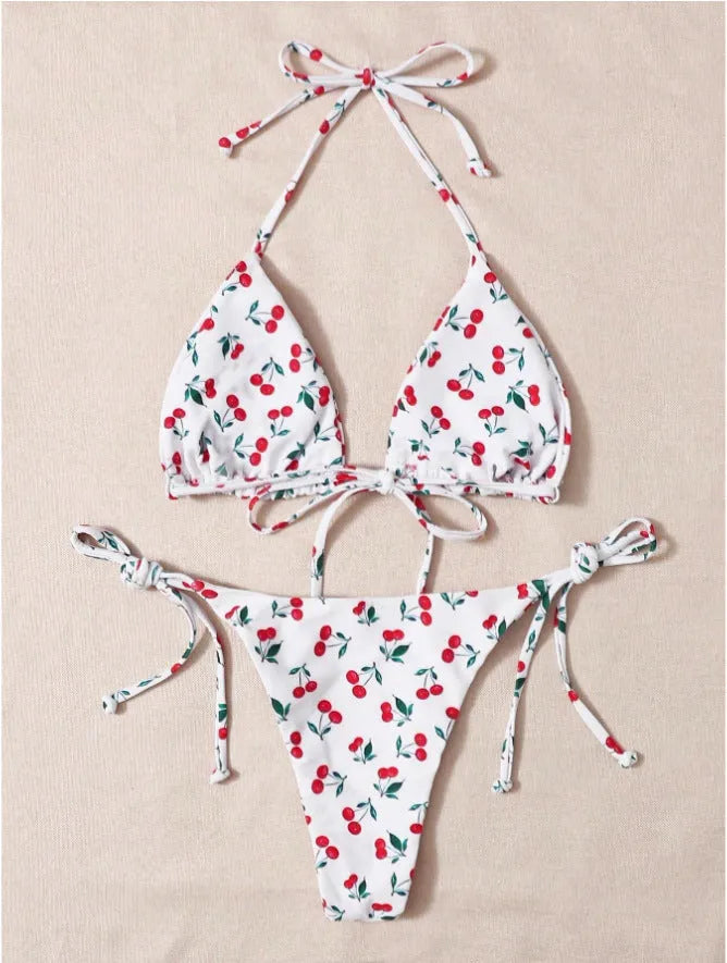 Holiday split halter bikini swimming costume with backless design and solid colour