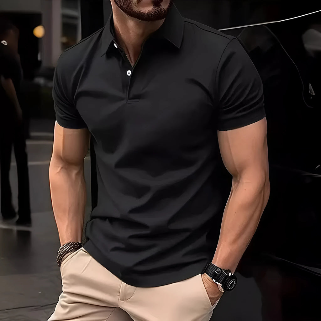 Slim fit casual short sleeve button-up shirt in a solid colour on a hanger.