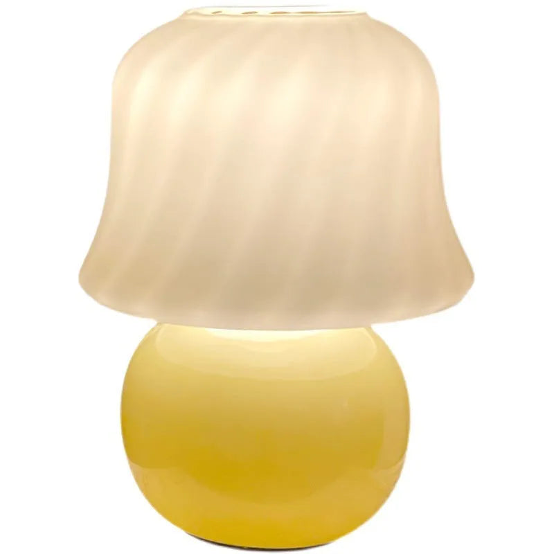 Cream handmade glazed glass mushroom table lamp, 22cm diameter 29cm height, E27 bedside light with push button switch