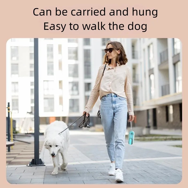 Blue portable dog water bottle with foldable drinking bowl extended, for outdoor use.