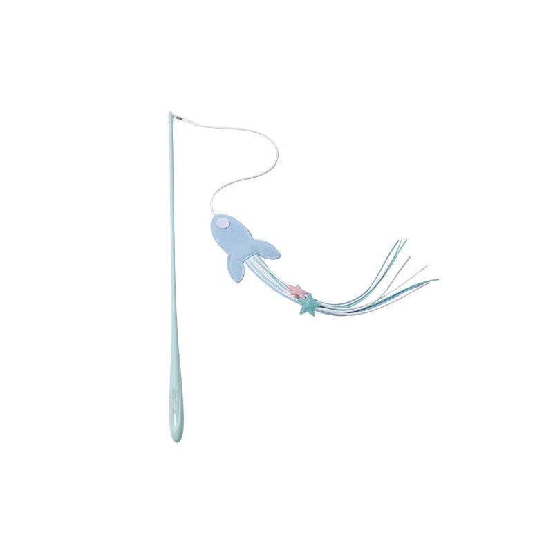 Blue cat teaser toy with a long pole, inflatable ego shape, and colourful feathers.
