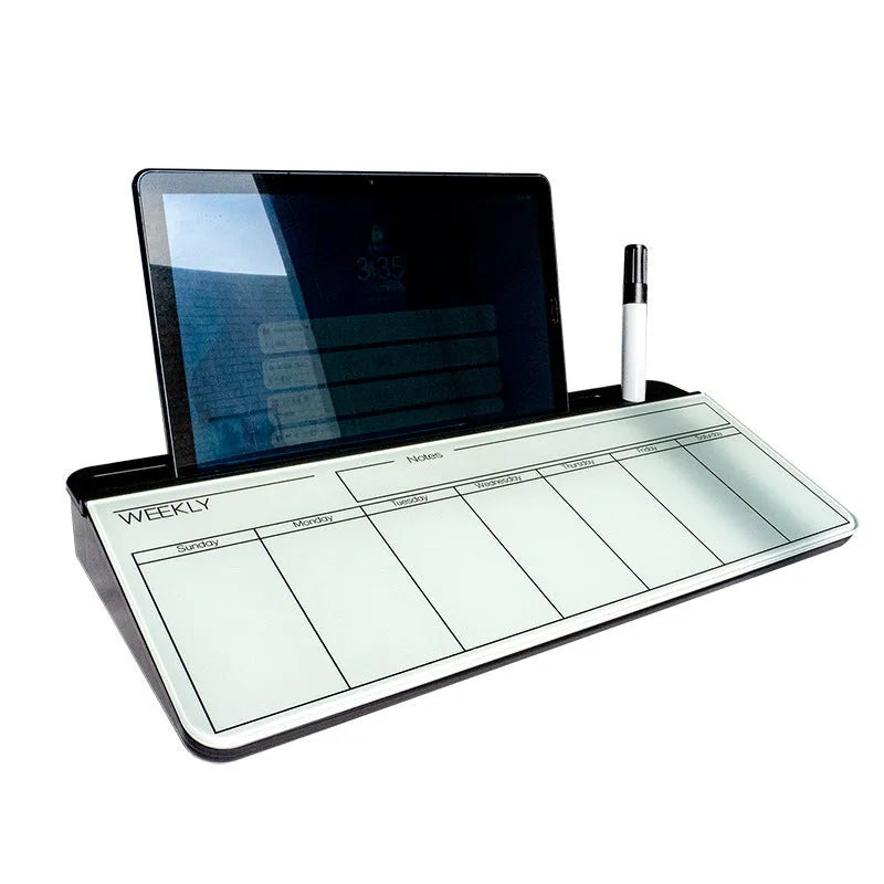 Table top glass whiteboard in black finish measuring 18x40cm with dry-erase marker