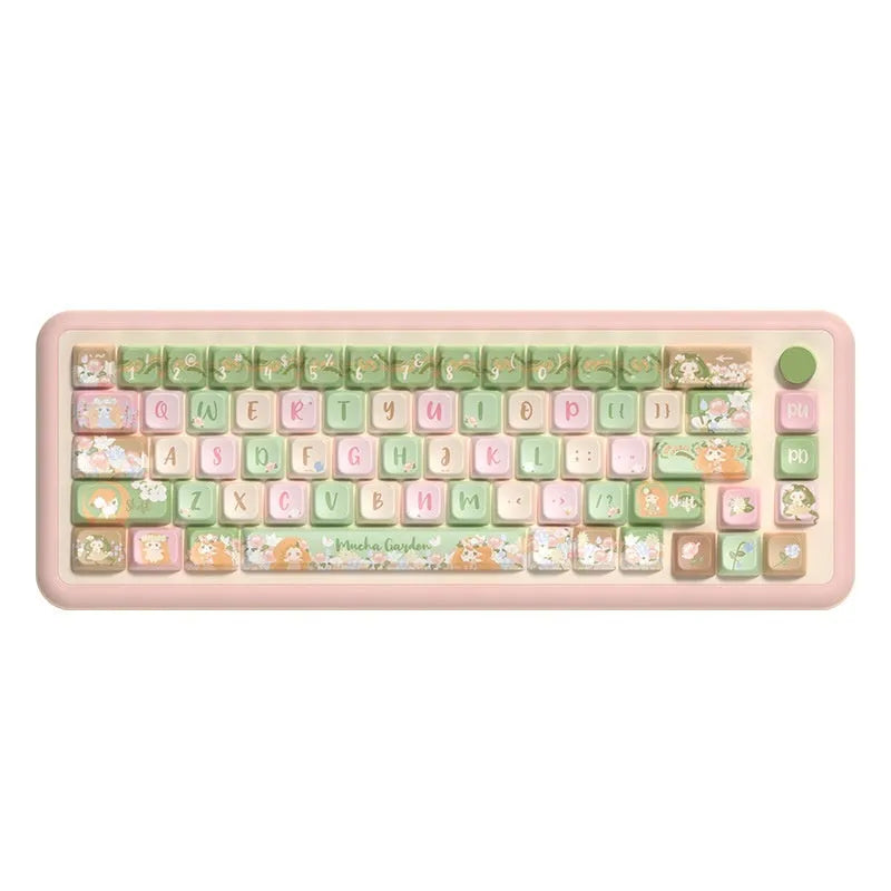 Set of mechanical keyboard key caps with a colourful summer garden design, shown in 138-key and 158-key options.