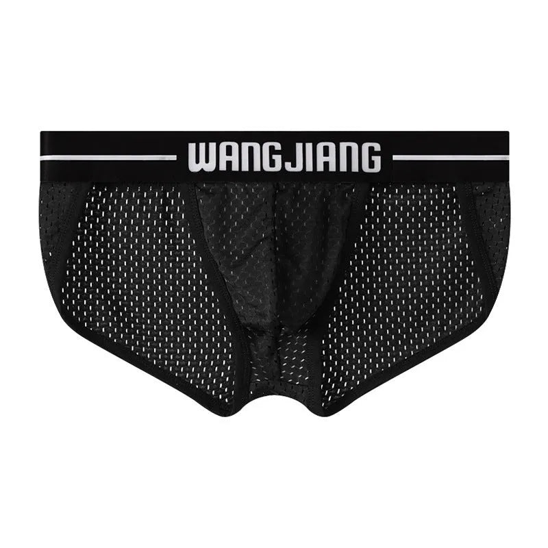 Men's black mesh triangle underwear briefs made from breathable Ice Silk nylon fabric