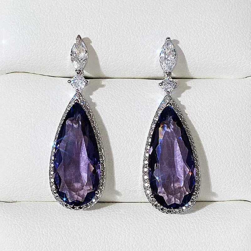 Purple zircon drop earrings with copper base and micro-inlaid design, women's bridal style, one pair.