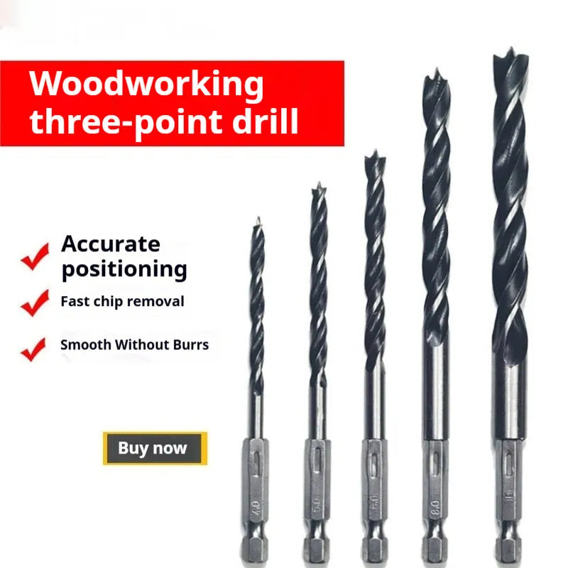 Woodworking twist punch drilling bit set of five steel bits with hexagonal handles for electric drill