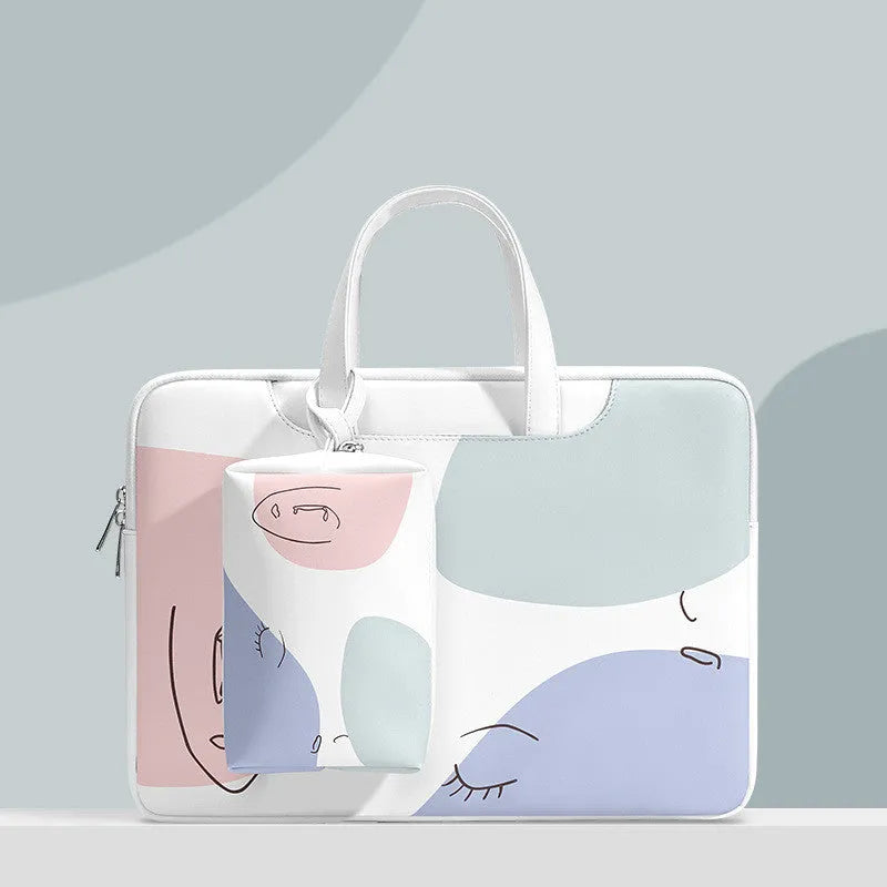 Blue PU leather laptop bag for a 15.6-inch notebook, shown with a zipper open and a soft handle.