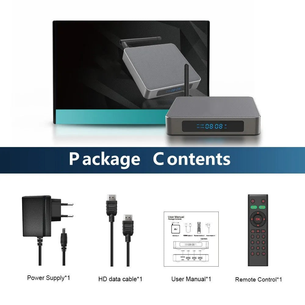 Black Android TV set-top box with HDMI port and remote control on a wooden surface.