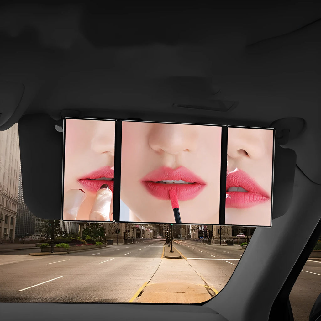 Silver car folding makeup mirror showing folded and opened positions with ABS frame and glass mirror