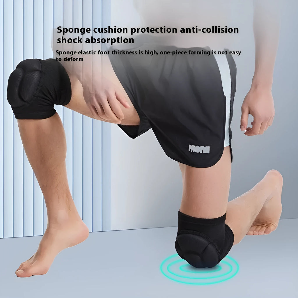 A pair of black thick sponge kneepads for dance and sports protection on a neutral background.