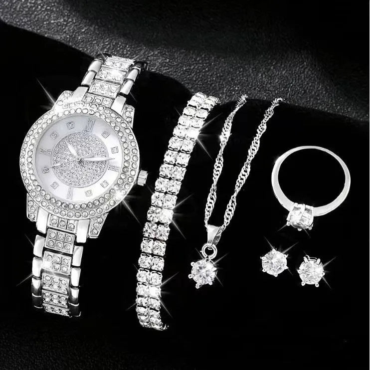 Women's diamond-embedded watch set with bracelet, necklace, ring, and earrings in gift box, silver finish