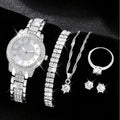 Women's diamond-embedded watch set with bracelet, necklace, ring, and earrings in gift box, silver finish