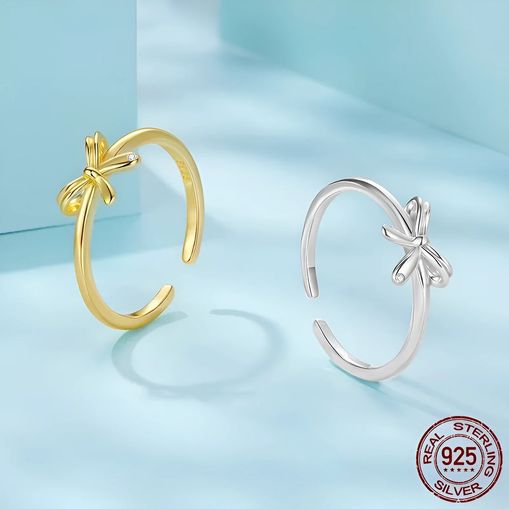 S925 sterling silver bow open ring with adjustable band in silver or gold