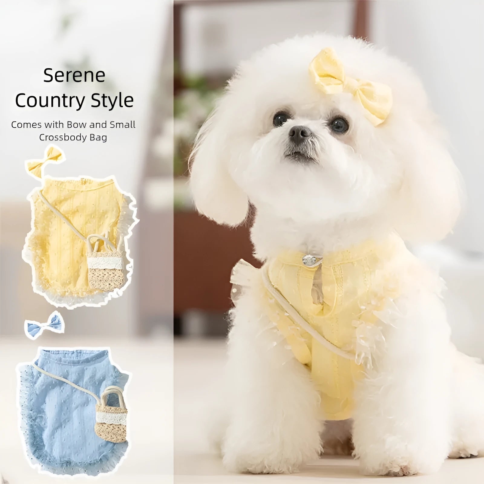 Small dog wearing blue country outfit with matching bow and small woven crossbody bag