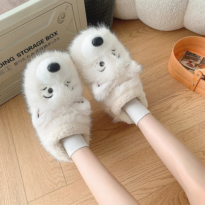 Grey ankle wrap cotton slippers with plush upper and non-slip soles for indoor home use