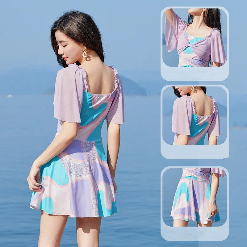 Women's floral high-waist one-piece swimsuit with bowknot detail in light purple or light blue