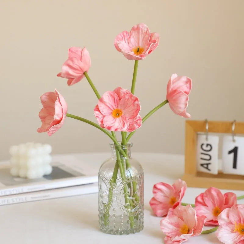 Fifteen PU artificial poppy flowers in bright red, dark purple, deep pink, orange, white, and yellow for wedding and home decor