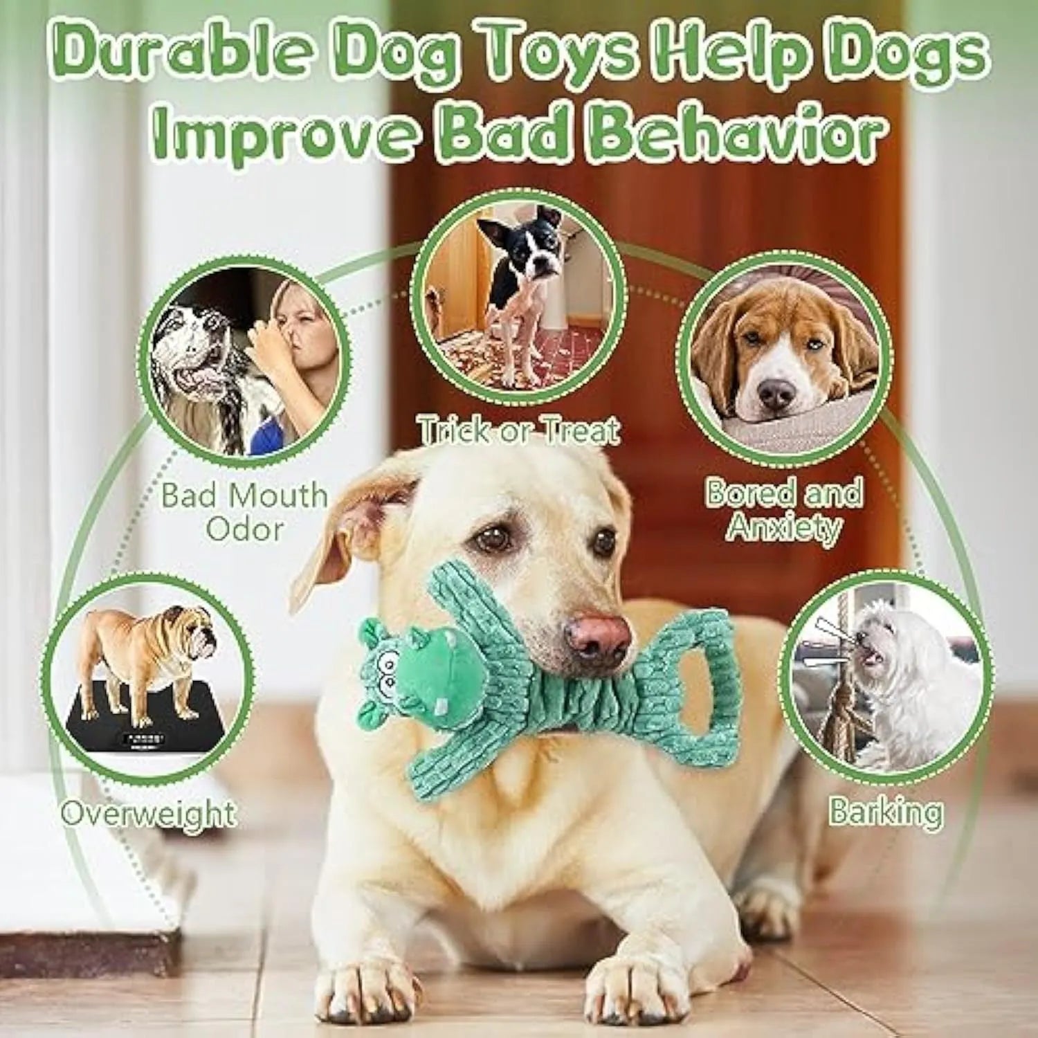 Large plush dog toy with tug handle in hippo or monkey design for interactive play