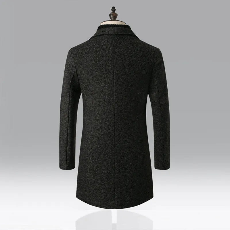 Men's mid-length single-breasted snowflake trench coat in dark grey with lapel collar and polyester lining