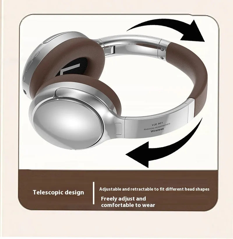 Retro-style brown wireless Bluetooth headset with metal details and sport headband design.