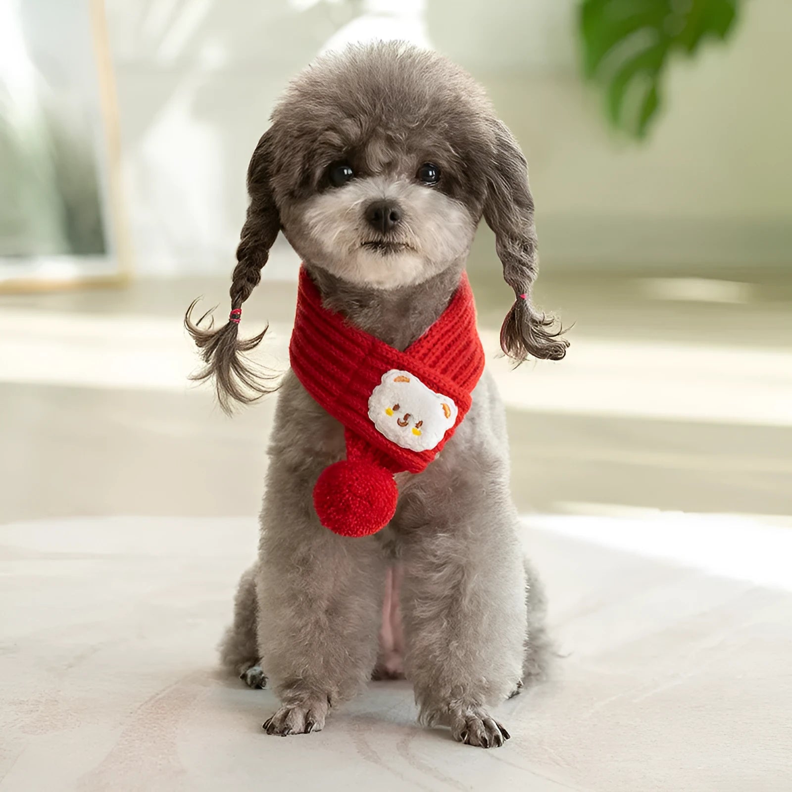 Fashion knitted wool pet cat winter scarf with cartoon embroidery in beige on white background