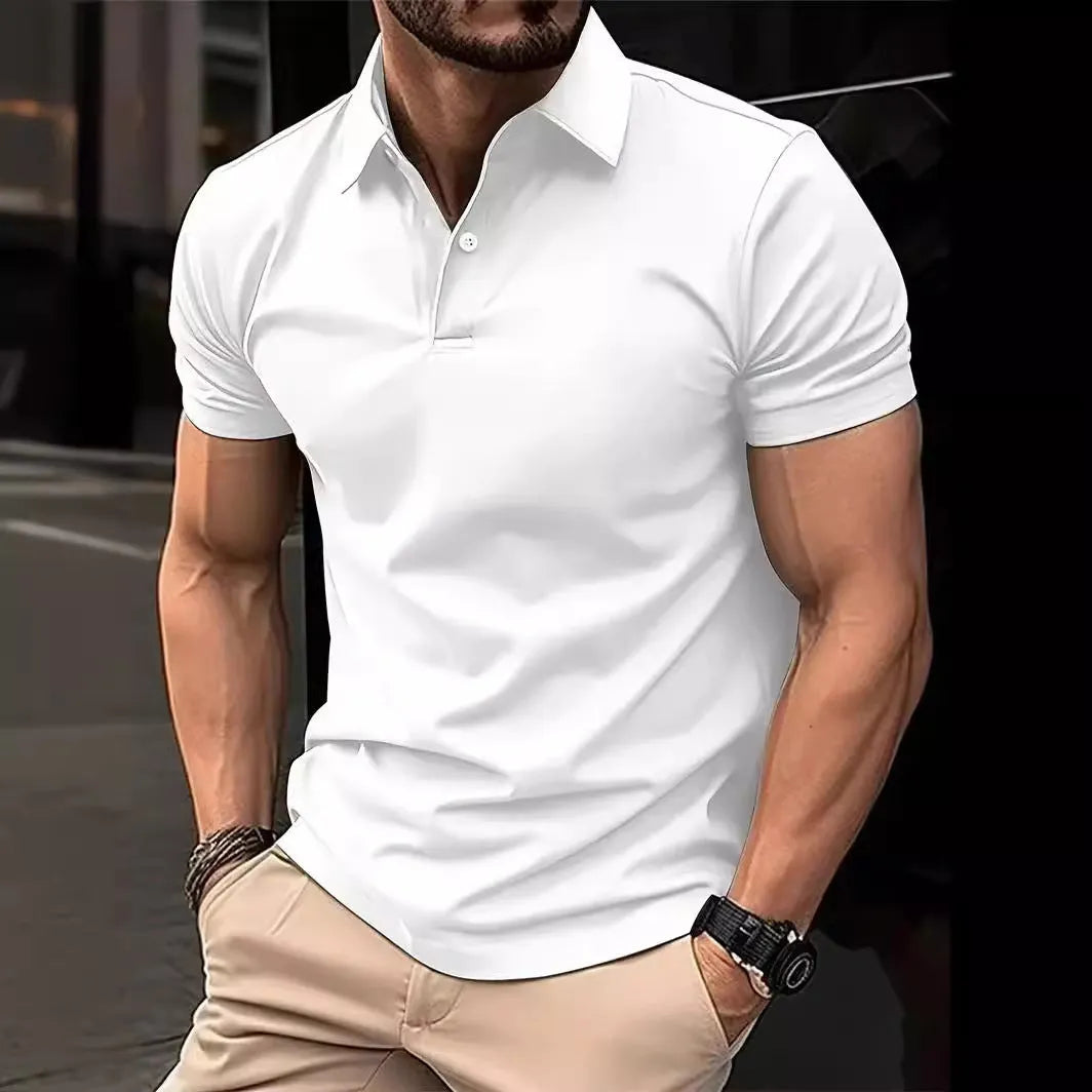 Slim fit casual short sleeve button-up shirt in a solid colour on a hanger.