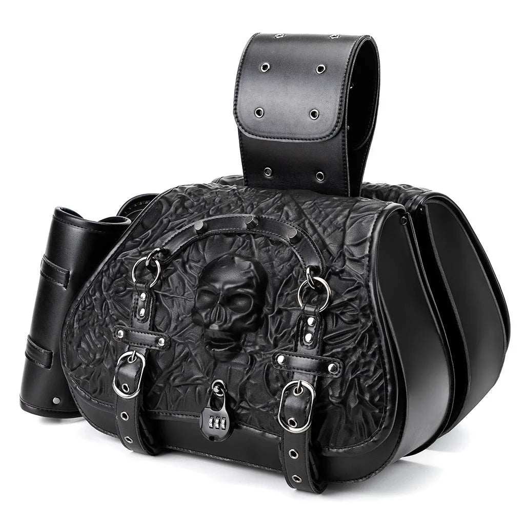 Pair of black PU synthetic leather motorcycle side luggage bags mounted on a modified bike frame.