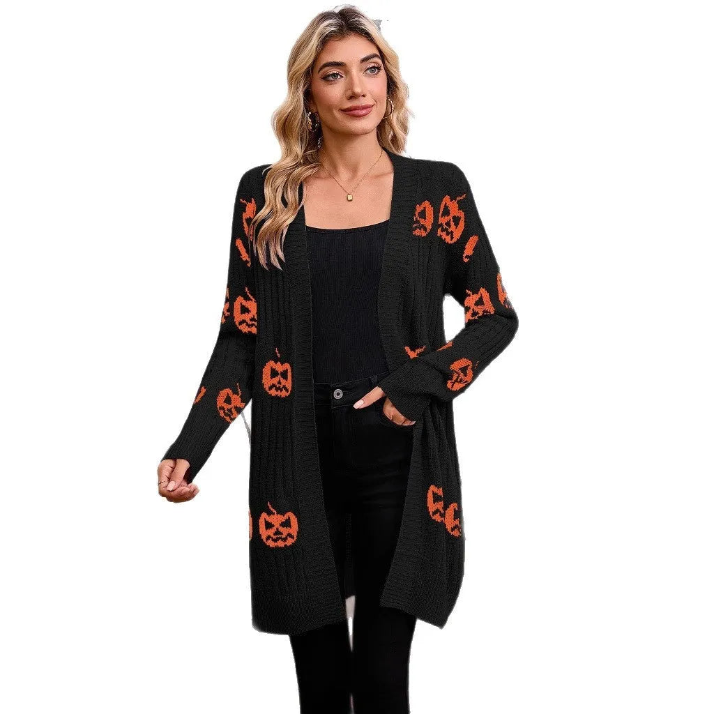 Women's black Halloween cardigan with orange pumpkin head jacquard knit pattern