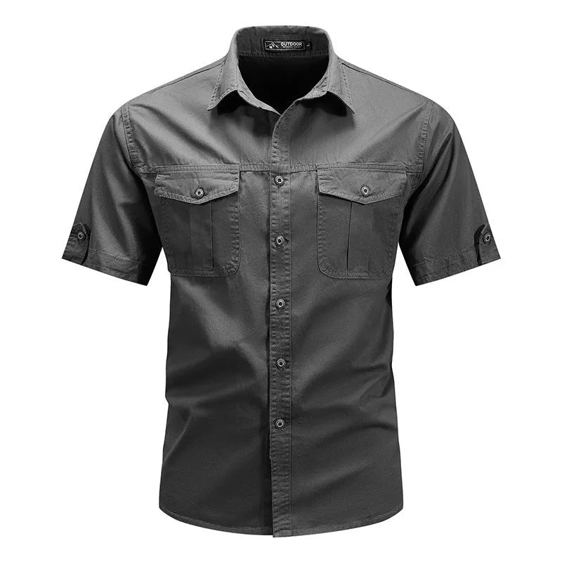 Men's short sleeve cotton cardigan shirt in khaki colour, front view, sizes M to 5XL