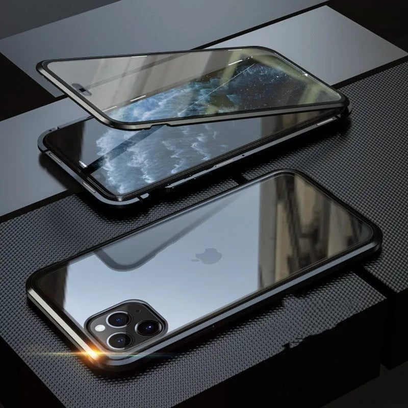 Geometric patterned glass anti-spy clamshell case for iPhone in multiple colours.