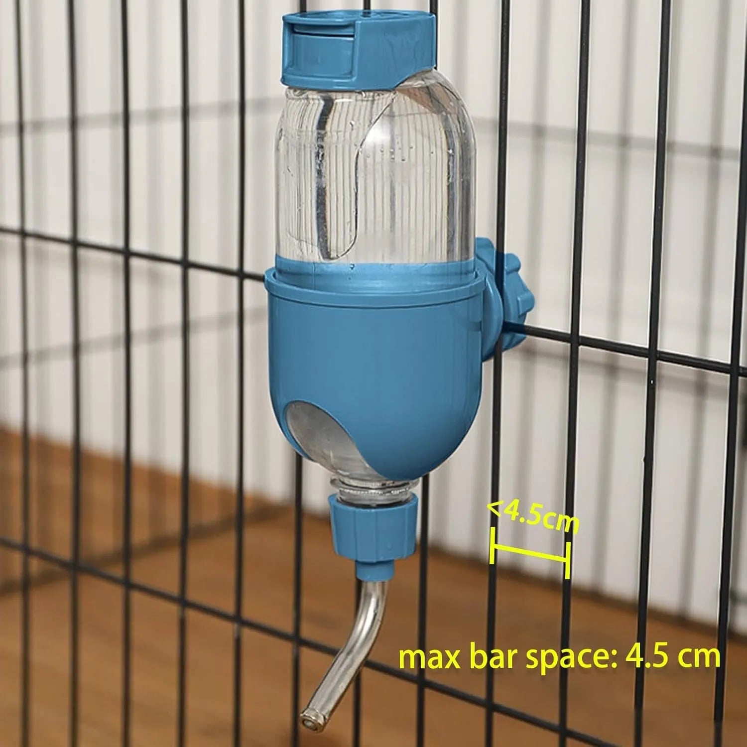 Blue small animal water bottle with rotatable nozzle and stainless steel ball valve for cage mounting.