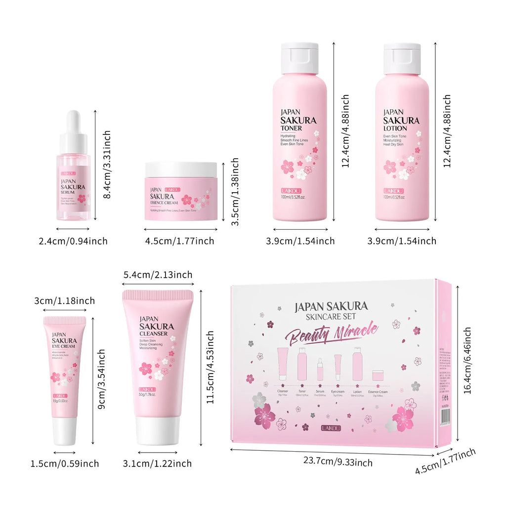 Cherry blossom facial care 6-piece set showing cleanser, toner, moisturiser, serum, eye cream and essence cream