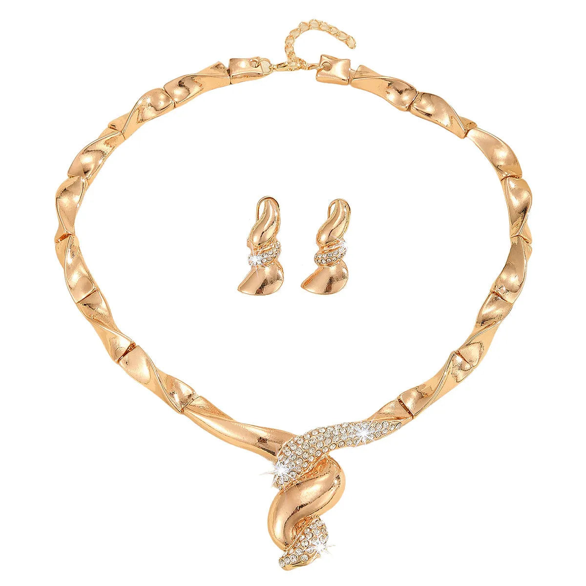 Gold alloy thread necklace and earrings suite with love heart pattern on a white background