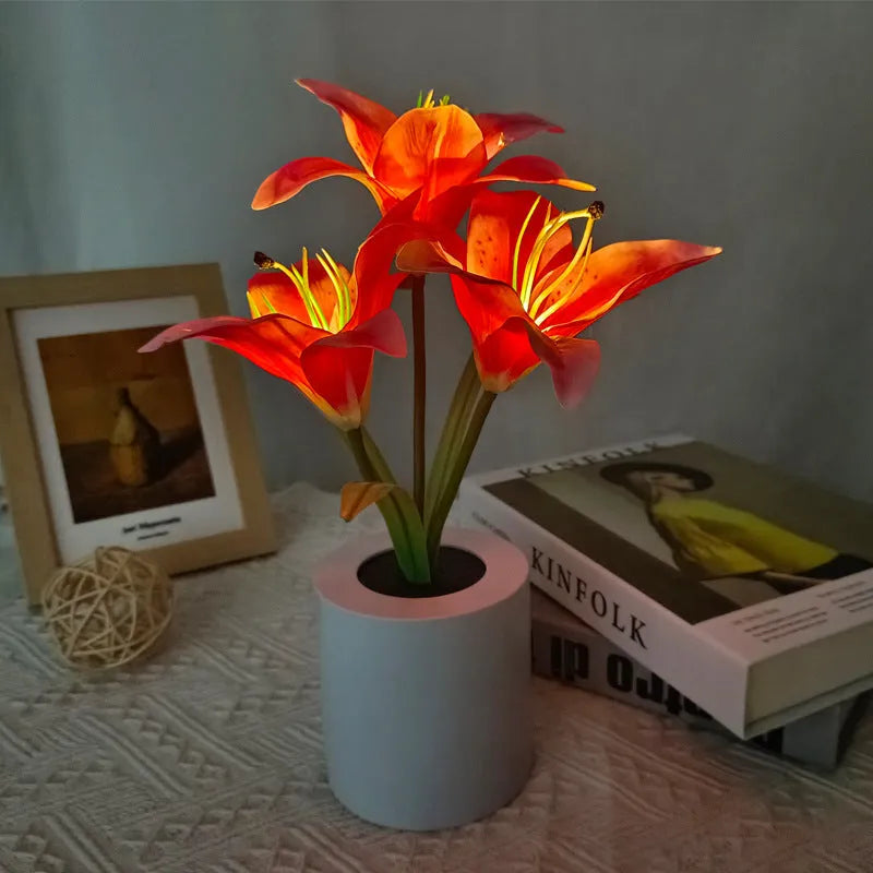 Rechargeable LED lily flower pot lamp with lily-white glow, flower shape on tabletop