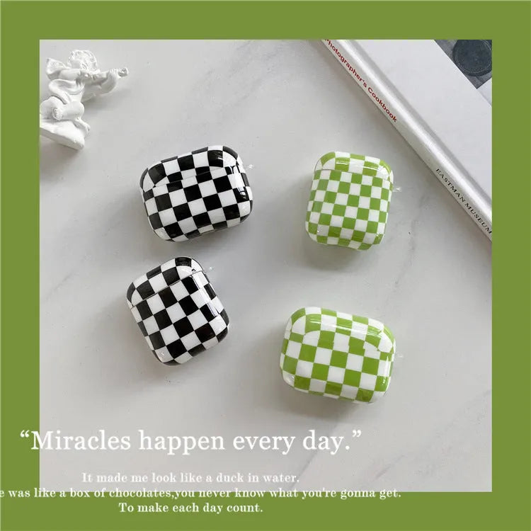 Black and green checkerboard pattern TPU case for Apple AirPods with optional pendant attachments