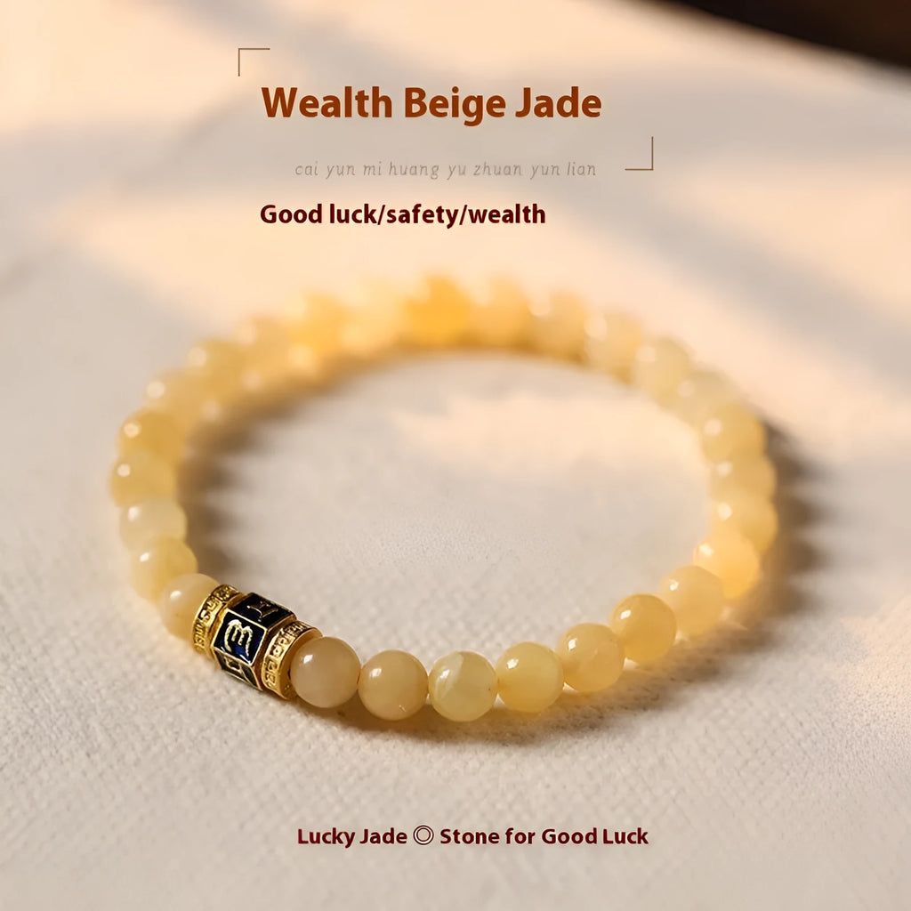 Women's hand-woven topaz bracelet with mantra barrel beads and square jade accents