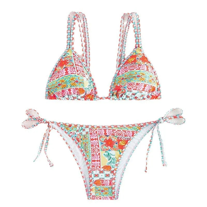 Women's lace-up split swimsuit with backless design and high-leg briefs in polyester spandex
