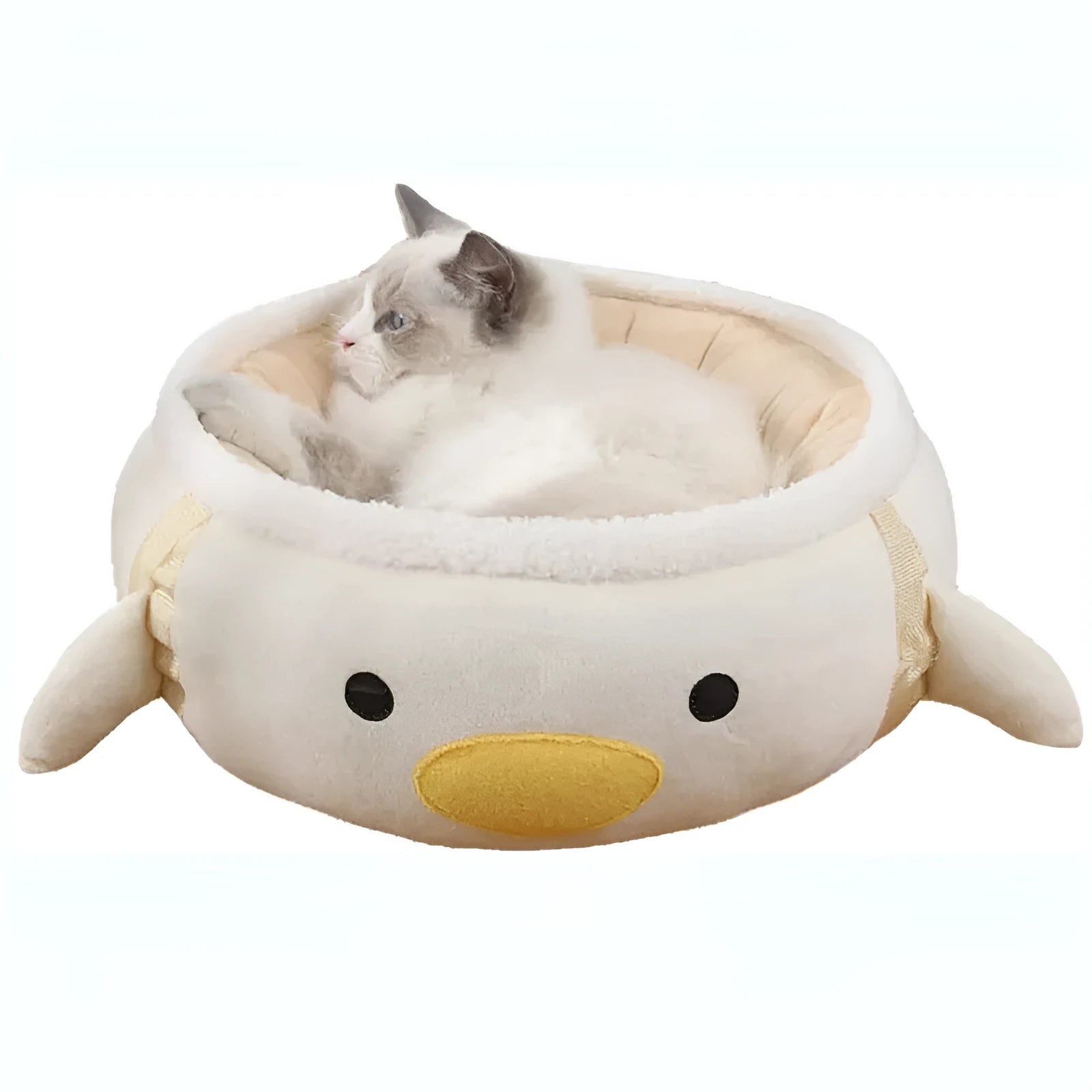 Green chick-shaped cat bed shown both flat as a sofa and hanging as a hammock for a small cat.