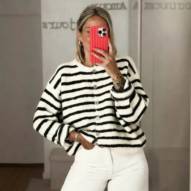 Women's long sleeve striped colour block cardigan in pink, white and black colours, cotton polyester fabric