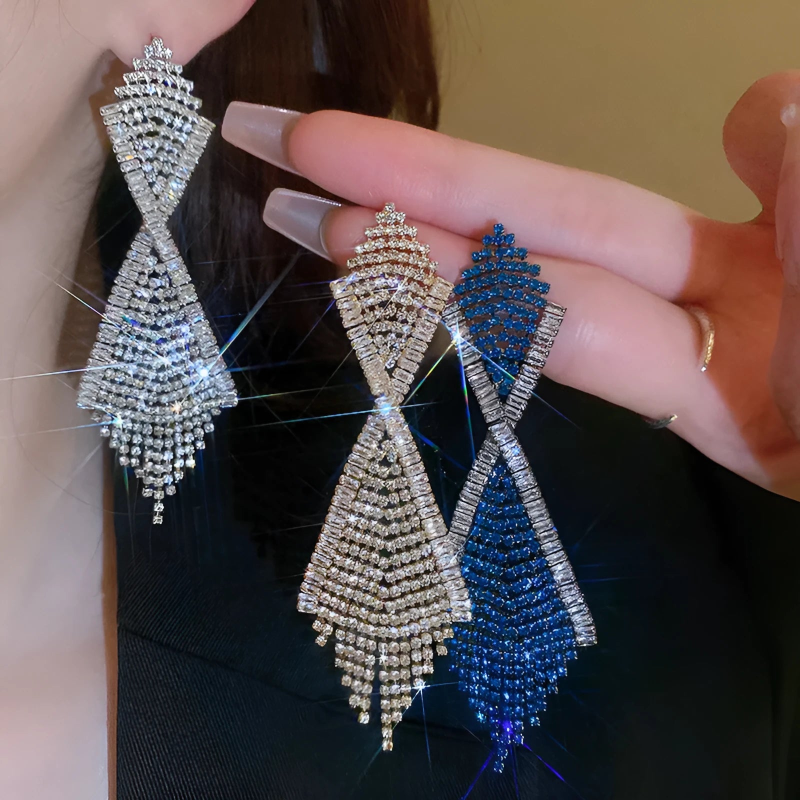 Rhinestone Inlaid Claw Chain Tassel Long Earrings for Women Copper Geometric Diamond Silver Needle Blue Gold Silver Option Shape Ins Style Drop Earrings