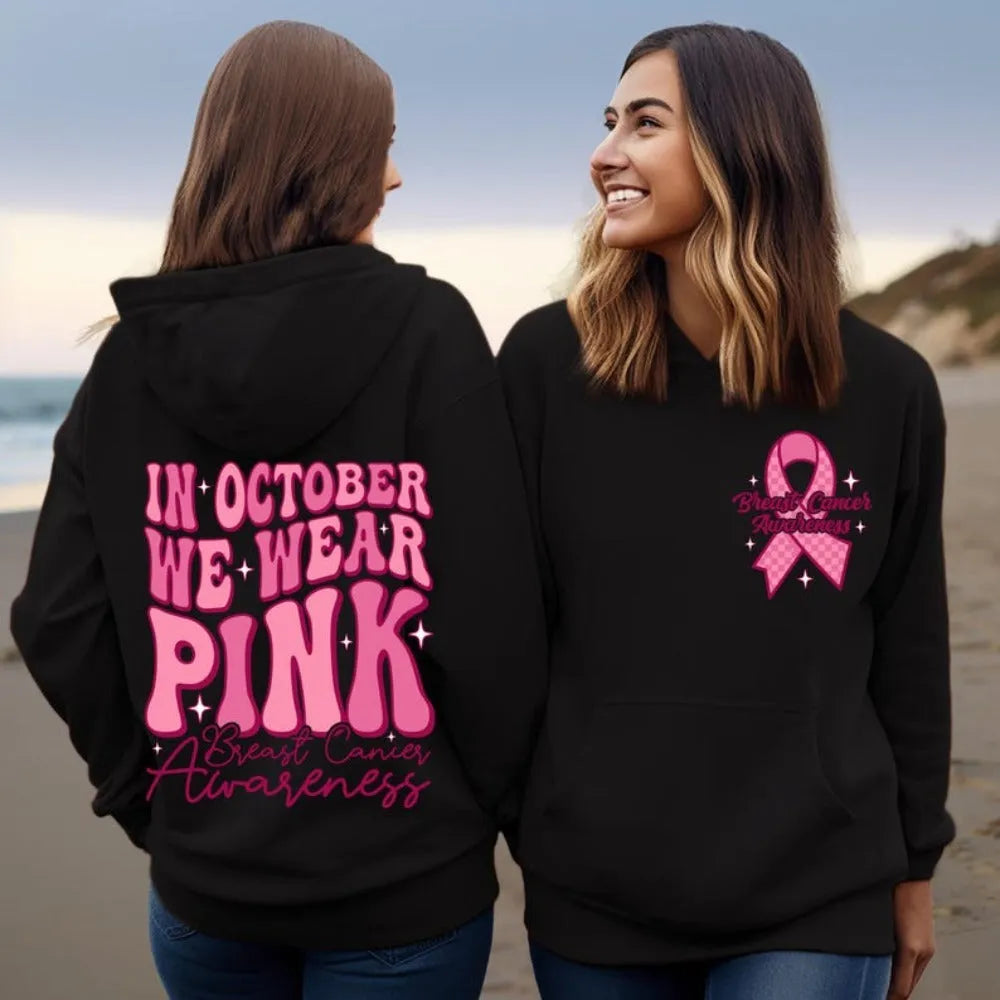 Breast cancer awareness pullover hoodie with retro hot stamp design and side seam pocket in pink, white, khaki, or black.