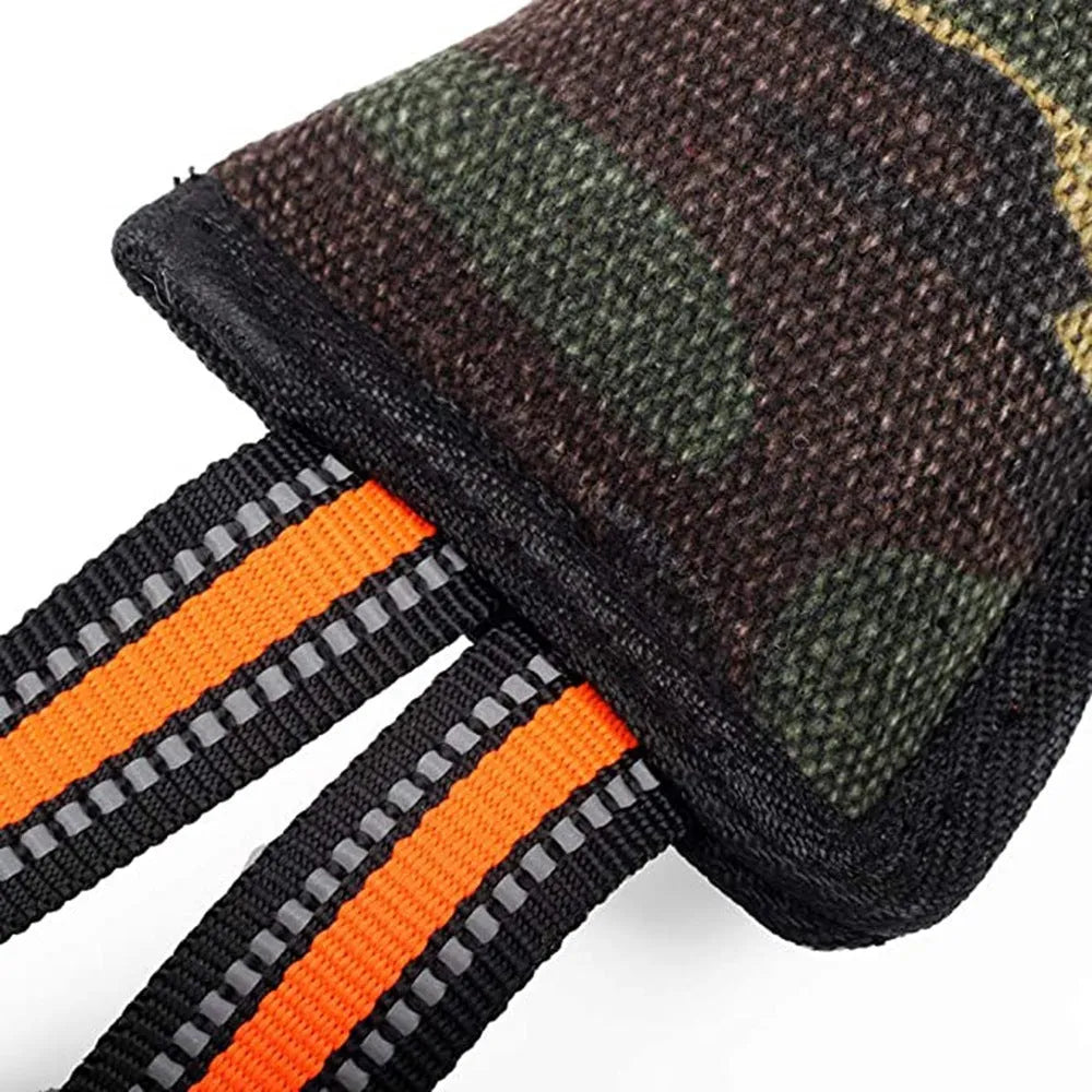 55 cm long yellow-edged jute dog bite stick with reflective strips for training and tug play.