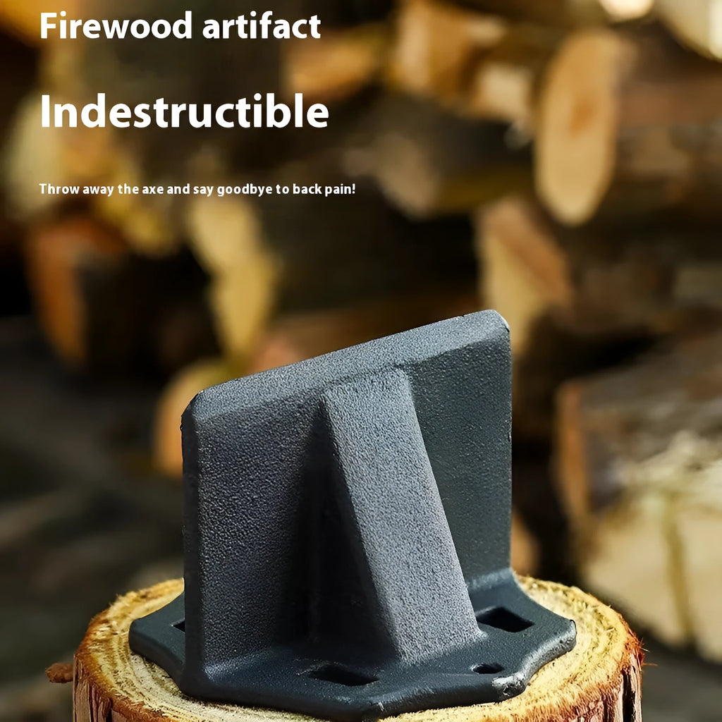 Small square cast iron wood splitter tool on a wooden background.