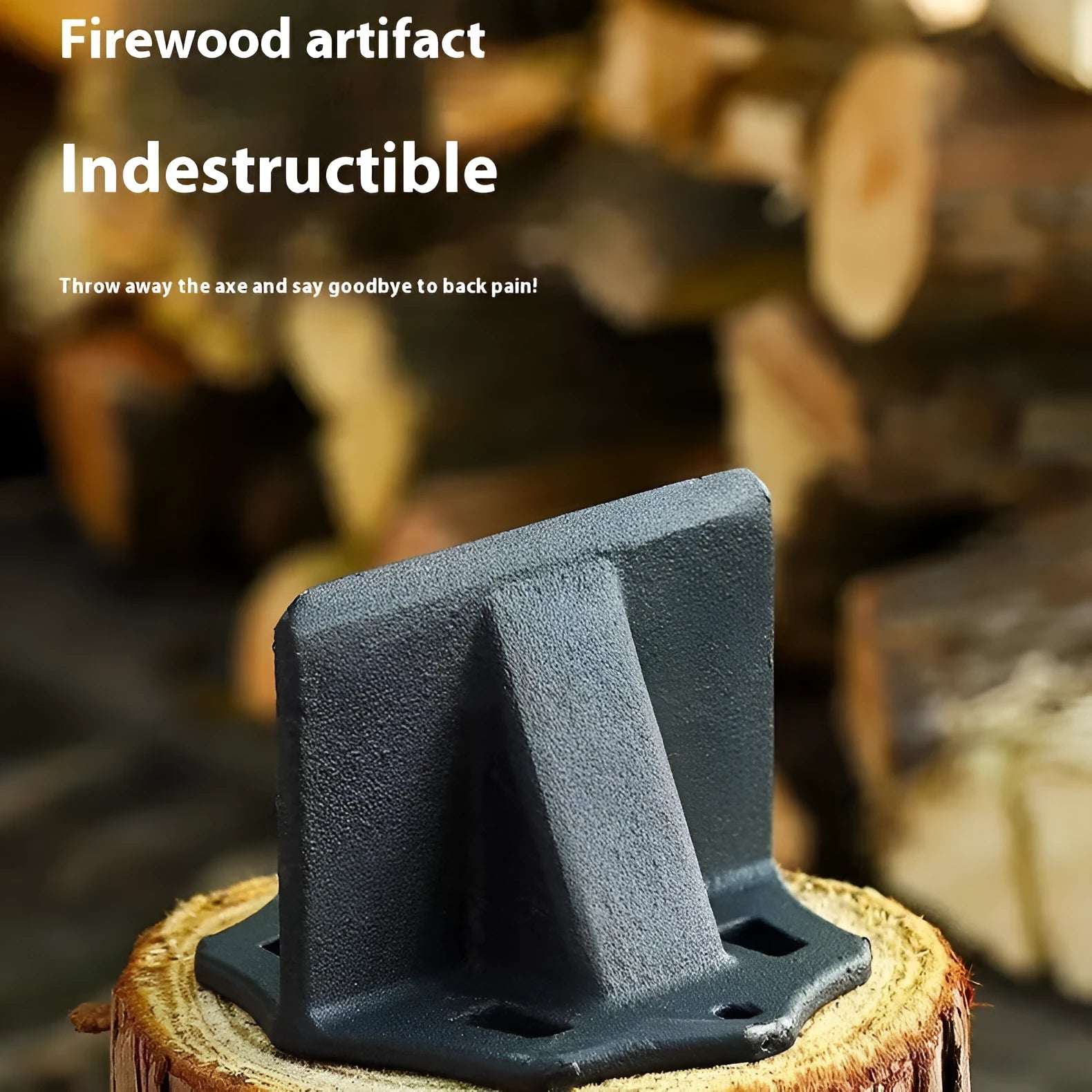 Small square cast iron wood splitter tool on a wooden background.