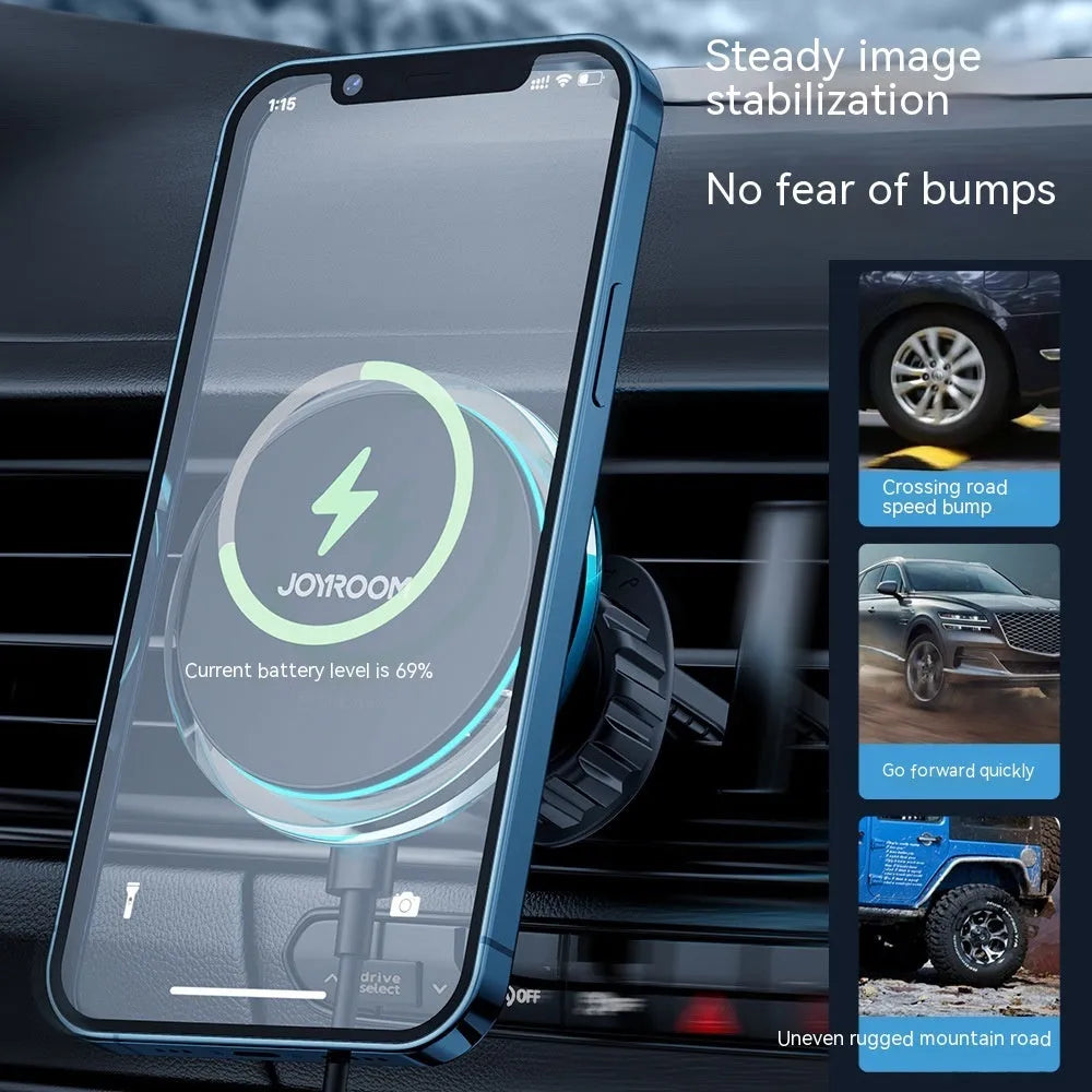 Black magnetic wireless car phone charger mounted on vehicle air vent