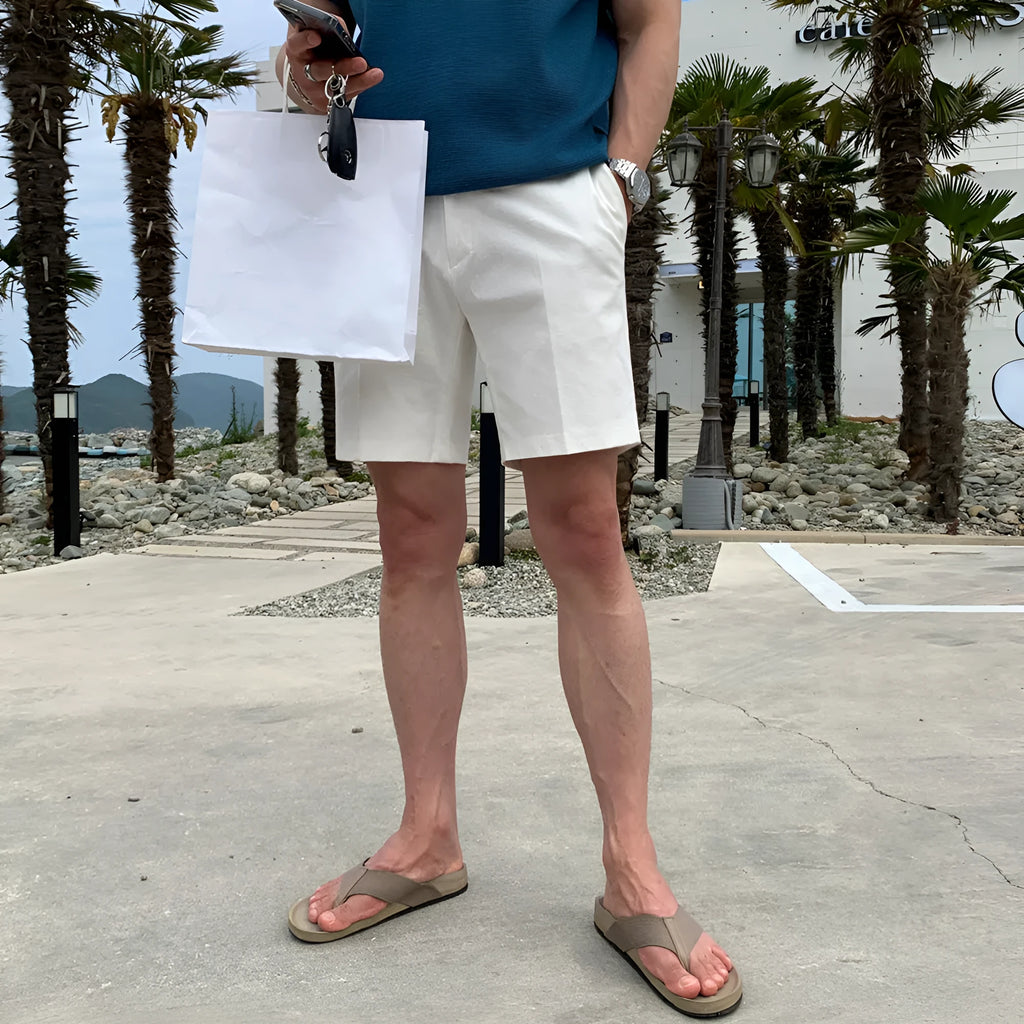 Men's straight-leg casual shorts in khaki, shown laid flat.