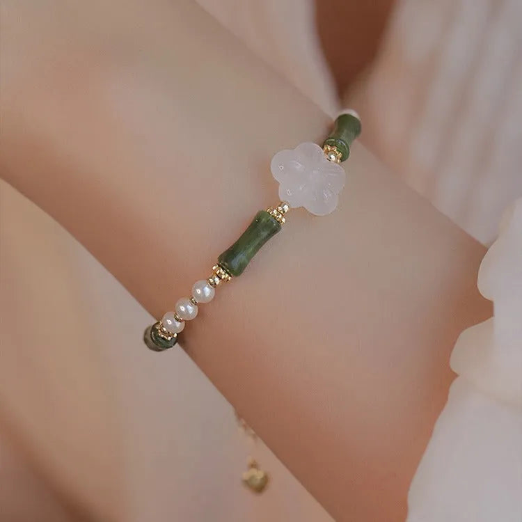 Chinese antique-style bamboo joint bracelet with Hetian jade and 4mm shell pearls on copper wire