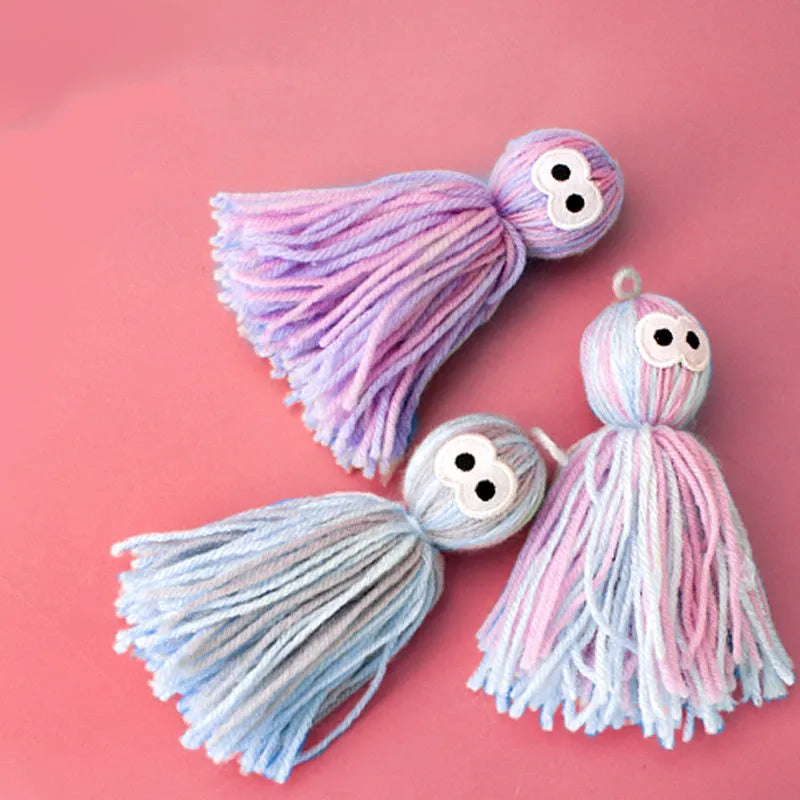Hanging wool cat ball toy with teaser stick in blue grey, pink and blue, or pink purple colour options