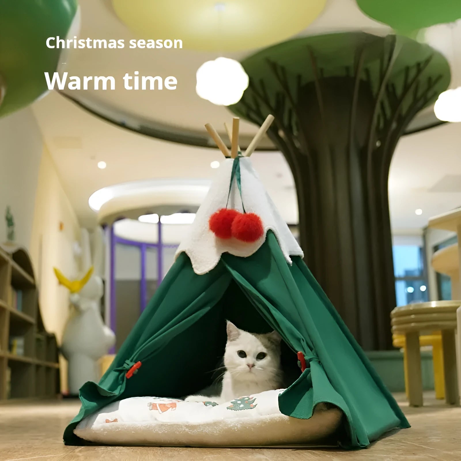 Brown and white semi-closed cloth cat house bed for winter, shown in two available sizes.