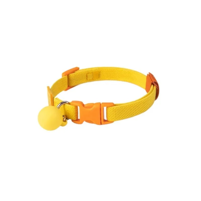 Adjustable high elasticity polyester pet collar for small dogs in seven colour options on a white background.